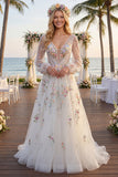 White Floral Ruched V-Neck A Line Long Sleeves Wedding Dress