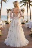 White Floral Ruched V-Neck A Line Long Sleeves Wedding Dress
