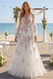White Floral Ruched V-Neck A Line Long Sleeves Wedding Dress