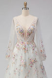 White Floral Ruched V-Neck A Line Long Sleeves Wedding Dress