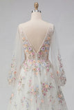 White Floral Ruched V-Neck A Line Long Sleeves Wedding Dress