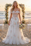Sparkly White Beaded Off the Shoulder Floral Corset A Line Long Wedding Dress