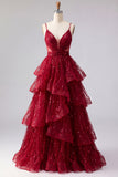 Sparkly Burgundy Spaghetti Straps A Line Long Beaded Prom Dress with Ruffles