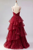 Sparkly Burgundy Spaghetti Straps A Line Long Beaded Prom Dress with Ruffles