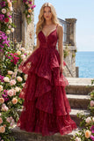 Sparkly Burgundy Spaghetti Straps A Line Long Beaded Prom Dress with Ruffles