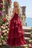 Sparkly Burgundy Spaghetti Straps A Line Long Beaded Prom Dress with Ruffles