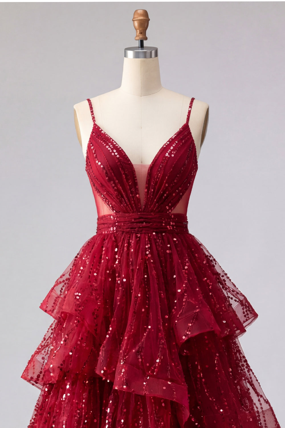 Zapaka Women Sparkly Burgundy Long Prom Dress with Ruffles Spaghetti