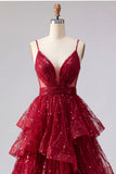 Sparkly Burgundy Spaghetti Straps A Line Long Beaded Prom Dress with Ruffles