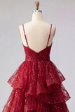 Sparkly Burgundy Spaghetti Straps A Line Long Beaded Prom Dress with Ruffles