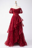 Sparkly Burgundy Puff Sleeves A Line Beaded Long Corset Prom Dress with Ruffles