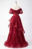 Sparkly Burgundy Puff Sleeves A Line Beaded Long Corset Prom Dress with Ruffles