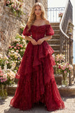 Sparkly Burgundy Puff Sleeves A Line Beaded Long Corset Prom Dress with Ruffles