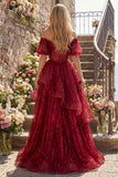 Sparkly Burgundy Puff Sleeves A Line Beaded Long Corset Prom Dress with Ruffles