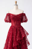 Sparkly Burgundy Puff Sleeves A Line Beaded Long Corset Prom Dress with Ruffles