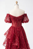 Sparkly Burgundy Puff Sleeves A Line Beaded Long Corset Prom Dress with Ruffles