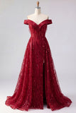 Sparkly Burgundy Off the Shoulder A Line Beaded Long Prom Dress with Cape