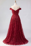 Sparkly Burgundy Off the Shoulder A Line Beaded Long Prom Dress with Cape