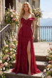 Sparkly Burgundy Off the Shoulder A Line Beaded Long Prom Dress with Cape