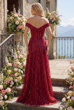 Sparkly Burgundy Off the Shoulder A Line Beaded Long Prom Dress with Cape
