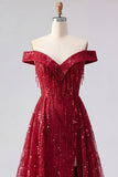 Sparkly Burgundy Off the Shoulder A Line Beaded Long Prom Dress with Cape