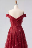 Sparkly Burgundy Off the Shoulder A Line Beaded Long Prom Dress with Cape