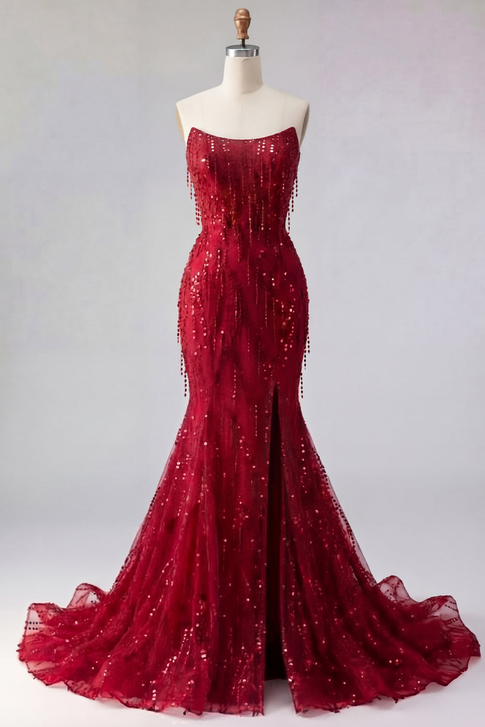 Zapaka Women Sparkly Burgundy Prom Dress with Slit Long Beaded Mermaid