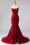 Sparkly Burgundy Mermaid Long Beaded Prom Dress with Slit