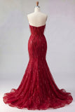 Sparkly Burgundy Mermaid Long Beaded Prom Dress with Slit