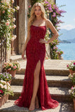 Sparkly Burgundy Mermaid Long Beaded Prom Dress with Slit