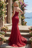 Sparkly Burgundy Mermaid Long Beaded Prom Dress with Slit