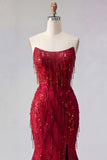 Sparkly Burgundy Mermaid Long Beaded Prom Dress with Slit