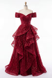 Sparkly Burgundy Off the Shoulder Sequin Ruched Long Prom Dress with Ruffles