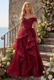 Sparkly Burgundy Off the Shoulder Sequin Ruched Long Prom Dress with Ruffles