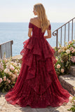 Sparkly Burgundy Off the Shoulder Sequin Ruched Long Prom Dress with Ruffles