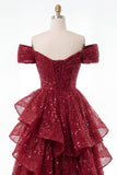 Sparkly Burgundy Off the Shoulder Sequin Ruched Long Prom Dress with Ruffles