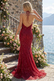Sparkly Burgundy Halter Backless Mermaid Long Beaded Prom Dress with Fringes