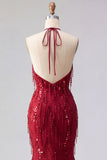 Sparkly Burgundy Halter Backless Mermaid Long Beaded Prom Dress with Fringes