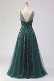Sparkly Dark Green V-Neck Tulle A Line Long Sequin Prom Dress