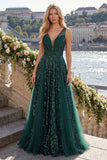 Sparkly Dark Green V-Neck Tulle A Line Long Sequin Prom Dress