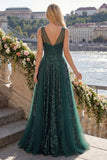 Sparkly Dark Green V-Neck Tulle A Line Long Sequin Prom Dress