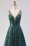 Sparkly Dark Green V-Neck Tulle A Line Long Sequin Prom Dress