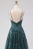 Sparkly Dark Green Corset Tulle High Low Sequin Prom Dress