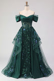 Sparkly Dark Green Sequin A-Line Off the Shoulder Corset Ruched Long Prom Dress