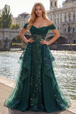 Sparkly Dark Green Sequin A-Line Off the Shoulder Corset Ruched Long Prom Dress