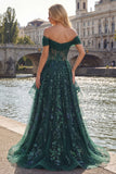 Sparkly Dark Green Sequin A-Line Off the Shoulder Corset Ruched Long Prom Dress
