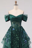Sparkly Dark Green Sequin A-Line Off the Shoulder Corset Ruched Long Prom Dress