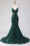 Sparkly Dark Green Mermaid Spaghetti Strap Sequin Tulle Long Prom Dress with Appliques