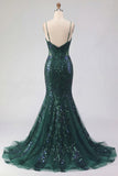 Sparkly Dark Green Mermaid Spaghetti Strap Sequin Tulle Long Prom Dress with Appliques