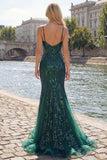Sparkly Dark Green Mermaid Spaghetti Strap Sequin Tulle Long Prom Dress with Appliques