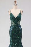 Sparkly Dark Green Mermaid Spaghetti Strap Sequin Tulle Long Prom Dress with Appliques